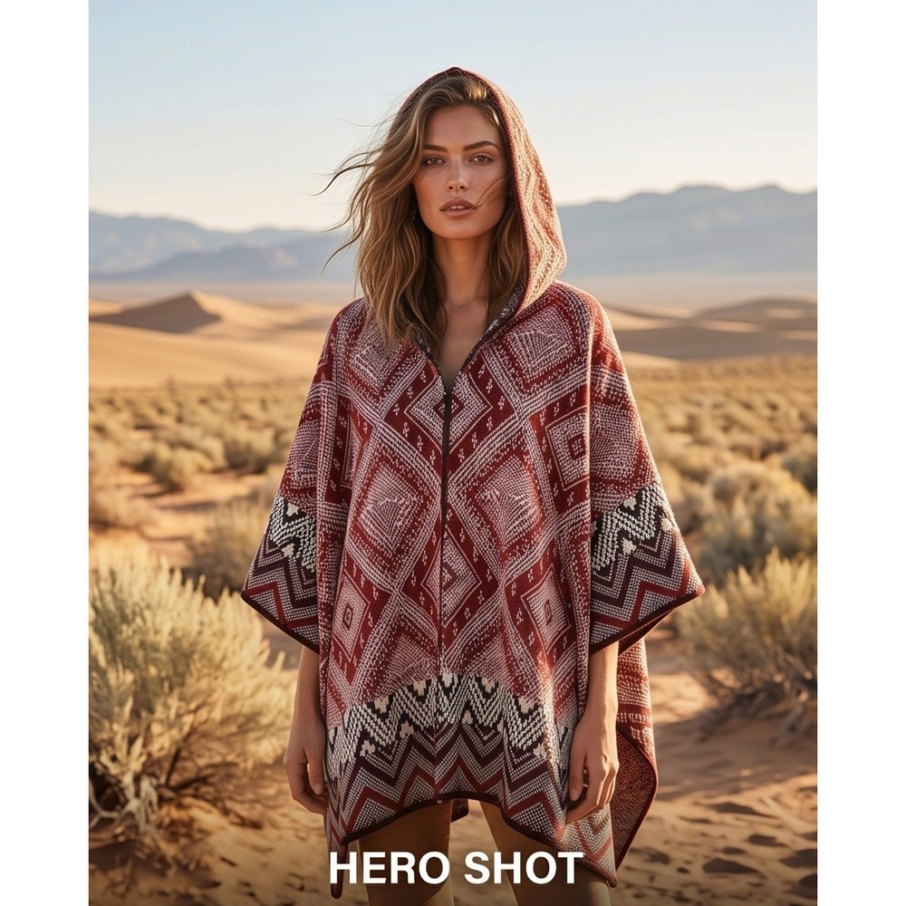 Stradivarius‎ M Hooded Southwest Poncho Red White Black Tribal Boho Medium
